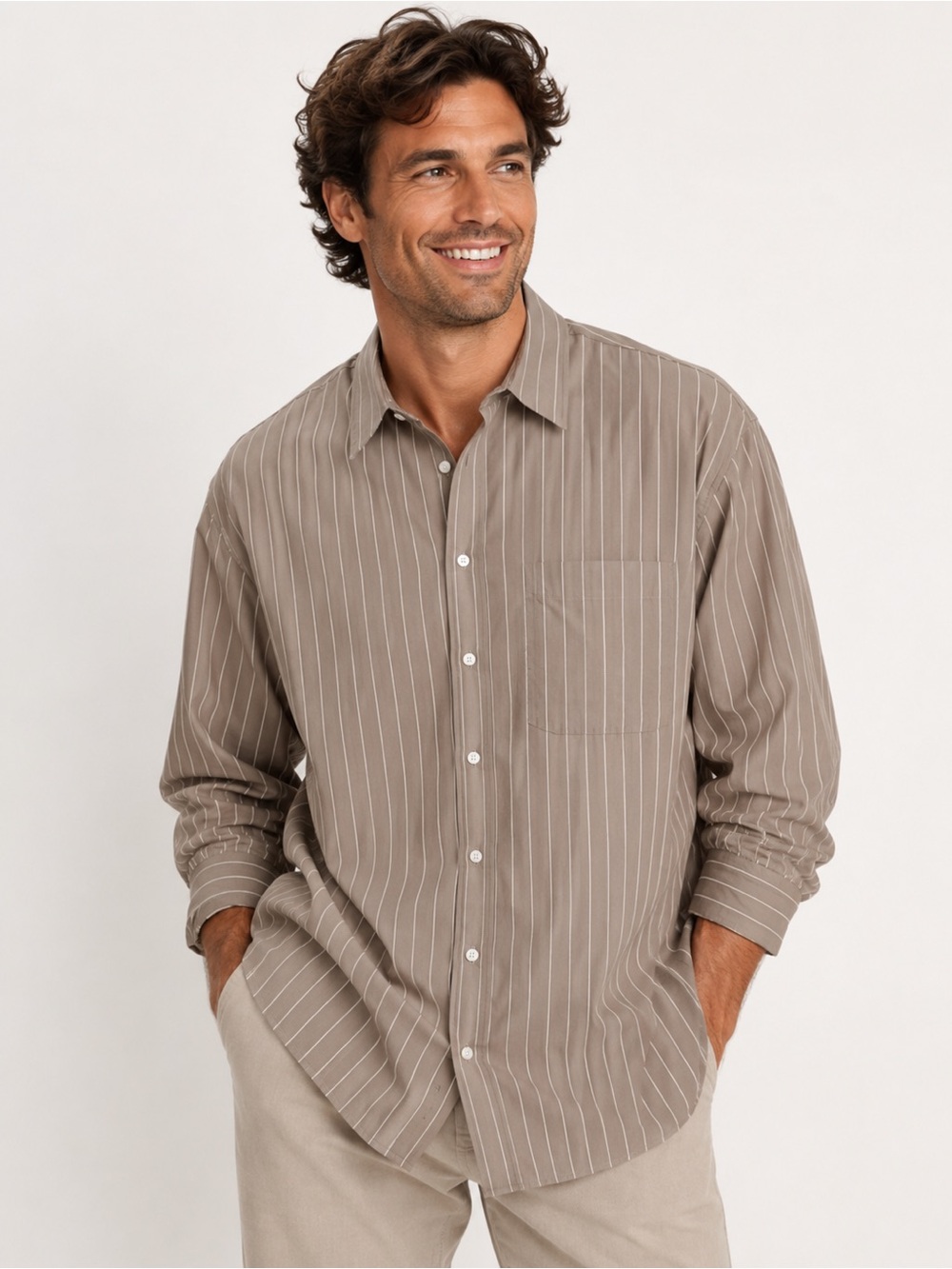 BANANA REPUBLIC MEN’S BEIGE WHITE STRIPED BUTTON UP SHIRT SIZE LARGE